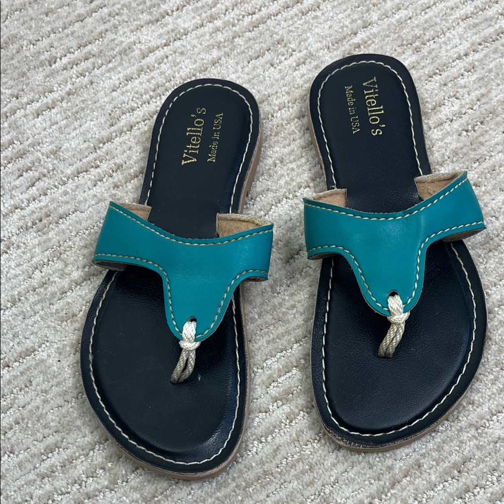 Vitello’s Thong Sandals Turquoise Teal and Black Women's Leather